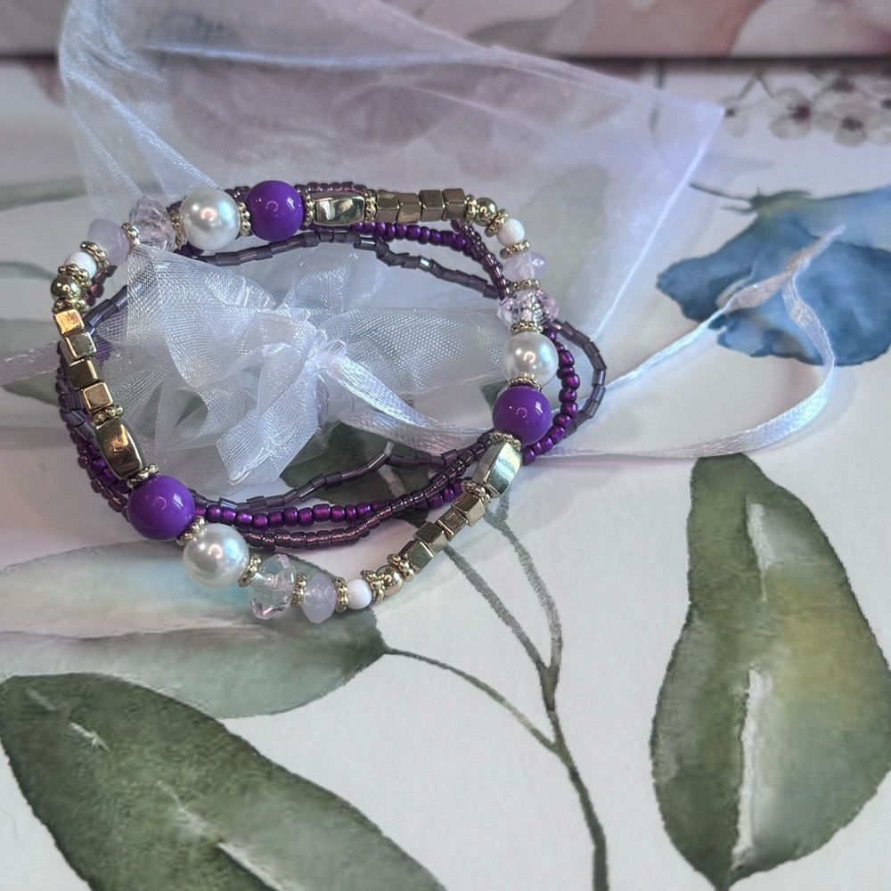 Purple and Gold Beaded Bracelet Set